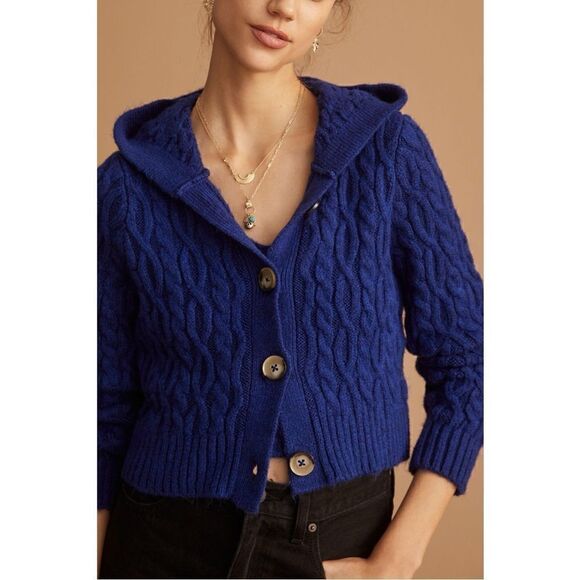 NEW Anthropologie Blue Hooded Cable-Knit Tank Top & Cardigan Sweater Set Large - Picture 5 of 6
